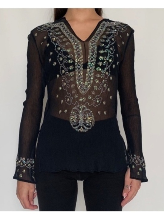 VENUS Tops - VENUS Black LongSleeve Embellished 100% Silk Y2K Top Tunic Beach Summer Cover